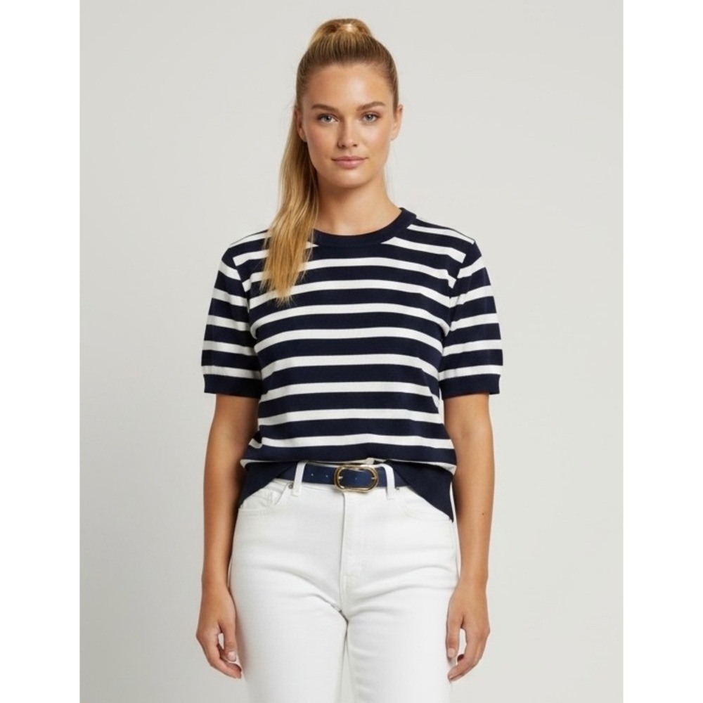 Brooks Brothers Supima Cotton Striped Short Sleeve Knit Top Navy White Size S